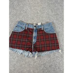 Vintage 90s Levis Relaxed Denim Plaid Cut Off Shorts Womens 28 Blue Red Cotton